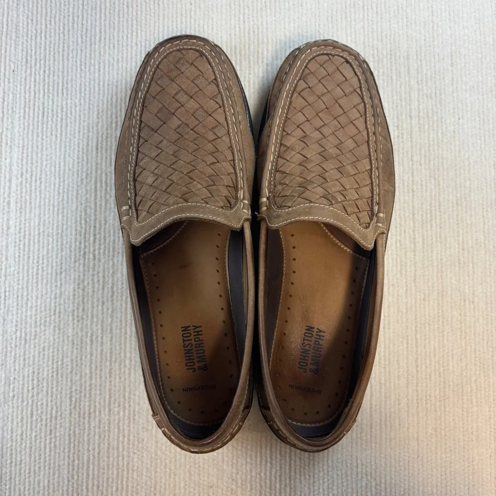 Johnston and‎ Murphy Mens 10M Tidwell Woven Leather Loafers Tan Brown JM Flex